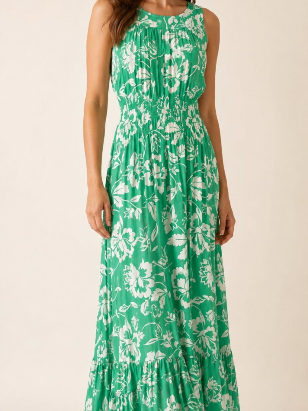 Draper James Floral Maxi Dress Women M Green Linen Blend Smocked Pockets